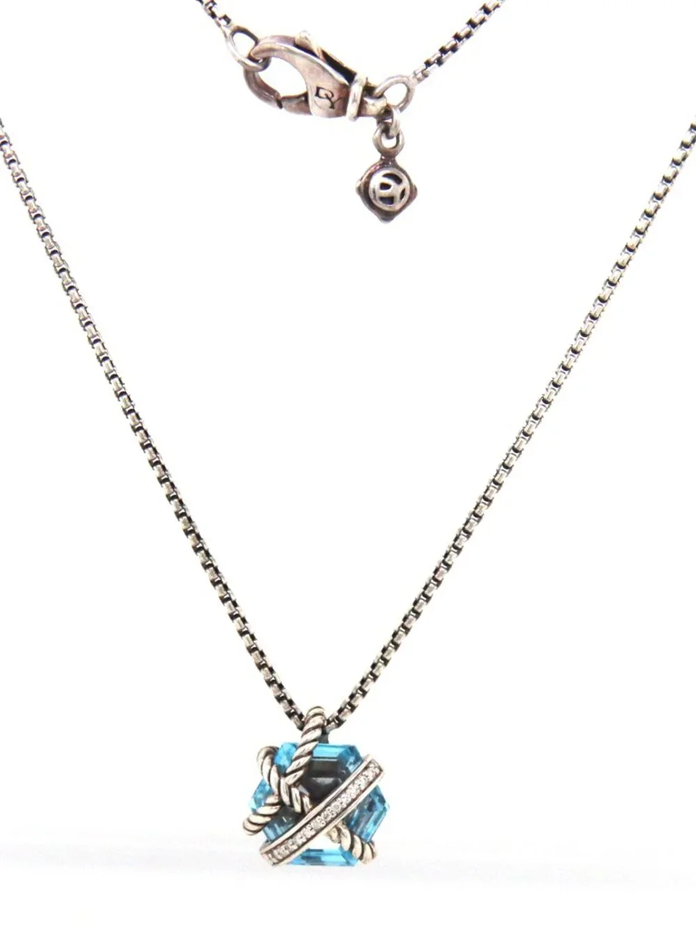David Yurman cable wraps blue topaz and diamond pendant on adjustable chain